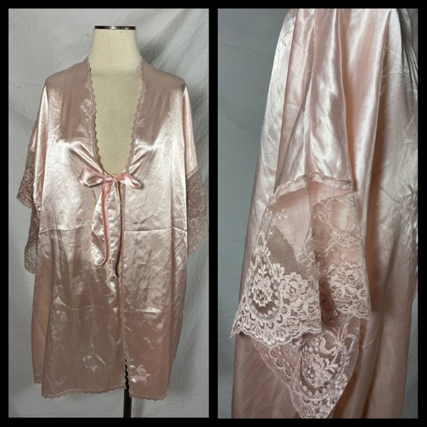 Lady Cameo Dallas Vintage Lingerie Pink Satin Robe Dressing Gown Attached Belt Wide Lace Trim to Short  Sleeves Detail Above Knee Length O/S