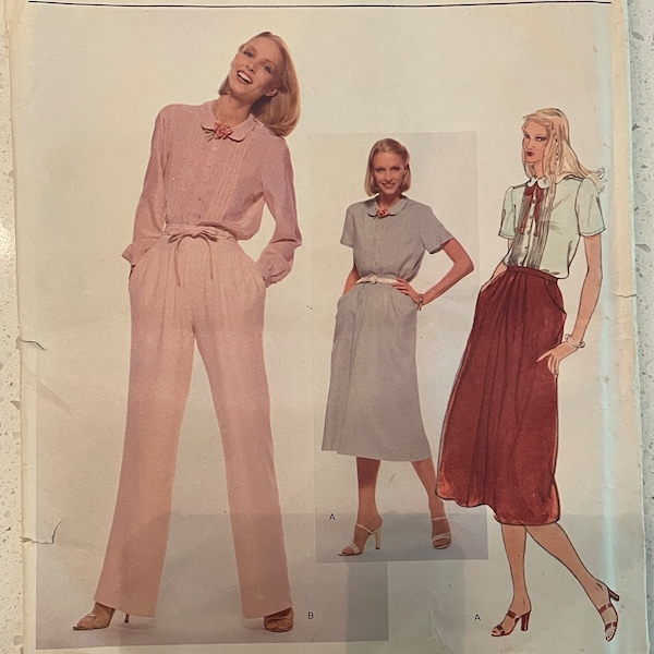 Vogue 1882 Pattern UNCUT 1980s Vintage Anne Klein American Designer Button Front Blouse Peter Pan Collar Skirt and Pants Size 8 31.5" VA