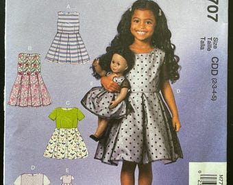 McCalls M7707 7707 Pattern UNCUT Girl's Sleeveless Short Sleeve Fit Flare Dress Pleats Scoop Neck Matching 18" Doll Dress Size 2-5 6-8 VA