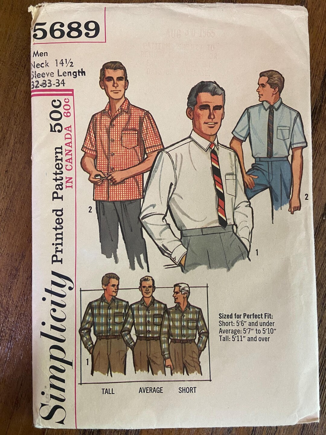 Simplicity 5689 Pattern UNCUT 1960s Mens Button Down Shirt Pointed ...