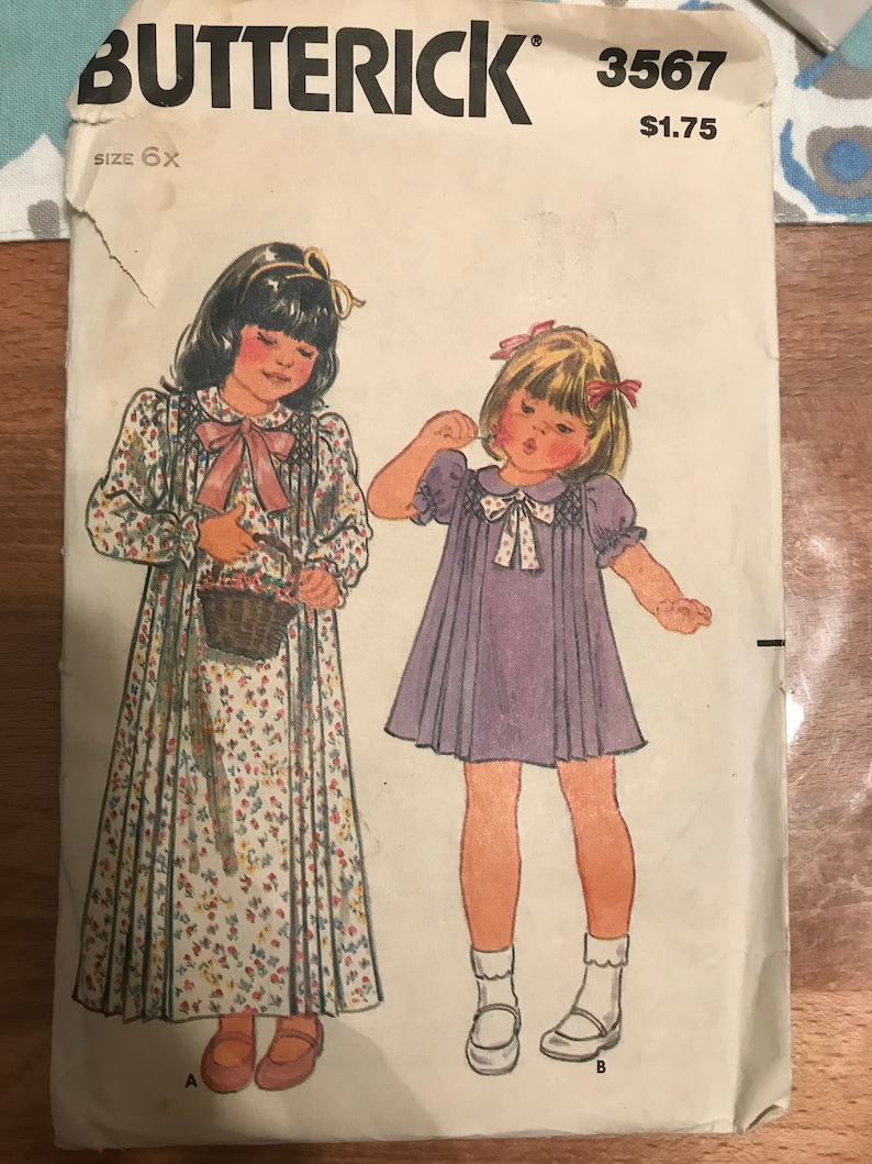 Butterick 3567 Pattern UNCUT 1980s Vintage Little Girl/'s Mini or Maxi Length Dress with Tucks and Peter Pan Collar Size 6x Breast 25.5