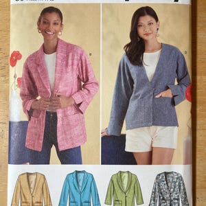 May include: Simplicity sewing pattern S9468, featuring jacket designs. The pattern includes sizes U.S. 16-24 and is easy-to-sew. The cover shows a pink jacket and a blue jacket, with additional jacket variations in blue, green, and patterned fabric.