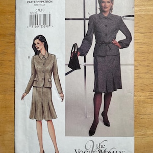 May include: A sewing pattern titled "7632" from Vogue Woman. The pattern features illustrations of a two-piece suit with a jacket and skirt. The jacket has a collar and buttons, and the skirt has pleats. The pattern size is 6, 8, and 10.