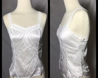 Vintage Smaxx White Nylon Camisole with Elastic Lace Straps Shaped Hem Side Slits New With Tags Mervyn's Size Medium