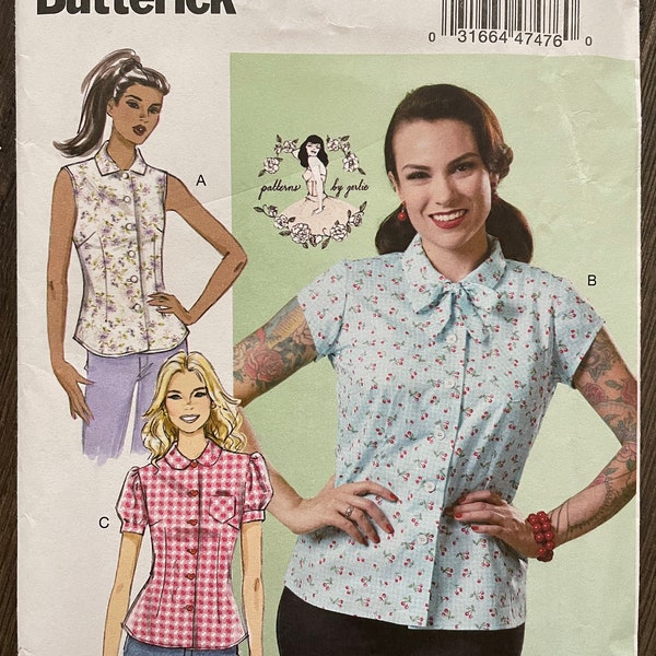 Butterick B6563 6563 Pattern UNCUT Retro Styled Button Front Blouse Top Peter Pan Pointed Collar Tie Short Sleeves Size 14 16 18 20 22 VA