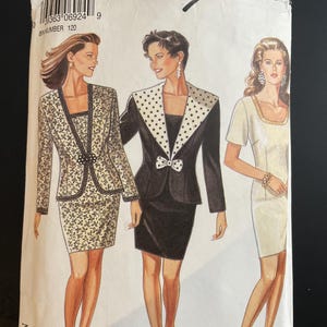 May include: A vintage sewing pattern with illustrations of three women in suits and dresses. The pattern includes the text "NEW LOOK" and size details. The illustrations show a floral suit, a black suit with a polka dot collar, and a white dress.