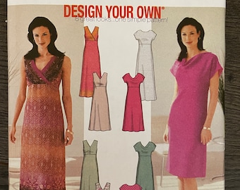 Simplicity 7156 Pattern UNCUT Vintage 2000s Design Your Own Sleeveless or Short Sleeve Cowl Neck Ampire Waisted Dress Size 6 8 10 12 VA