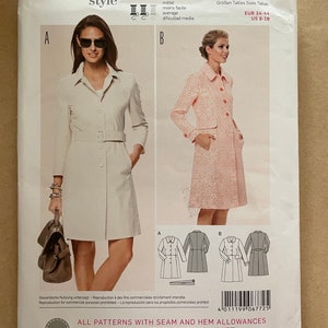 May include: A sewing pattern for a coat with a white and pink design. The pattern is for sizes EUR 34-44 and US 8-18. The pattern includes seam and hem allowances. The pattern is from Burda Style and has the number 6772.