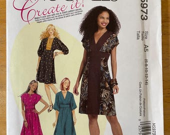 McCalls M5973 5973 Pattern UNCUT Empire Waist Knee Length Dress Contrast Panels Short Cap 3/4 Sleeves Size 6 8 10 12 14 or 14 16 18 20