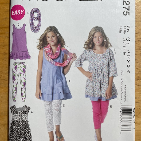 McCalls M6275 6275 Pattern UNCUT Easy Sew Girl's Loose Fitting Dress or Tunic Top , Leggings and Scarf - Size 7 8 10 12 14 or Plus 10.5-16.5