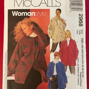 May include: A sewing pattern for a jacket with a zip fastening. The pattern is for sizes 18W-20W-22W-24W-36-38-40-42. The pattern is from McCall's Womanstyle and is labelled as pattern number 2968.