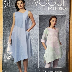 Vogue V1694 1694 Pattern UNCUT Marcy Tilton Sleeveless 3/4 Sleeve Shaped Hem Tunic Knee Length Dress Pockets Contrast Inset Size 8-16 16-24