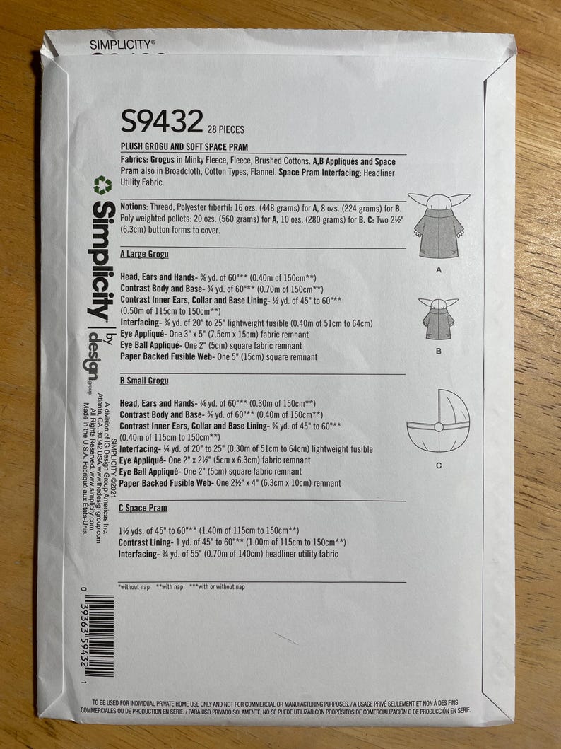 May include: Simplicity pattern S9432 for a plush Grogu and soft space pram. Includes fabric requirements for Grogu's head, hands, ears, body, and pram lining. Features a Grogu and pram illustration.