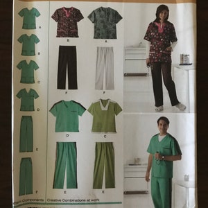May include: A sewing pattern for scrubs, with different variations of tops and pants. The pattern is from Simplicity and is size AA XS, S, M. The pattern number is 2769.