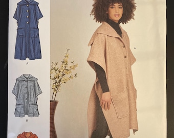 Simplicity S9649 9649 Pattern UNCUT Pullover Poncho Hip Knee Maxi Length Button Front Collar Pockets Size S-XXL