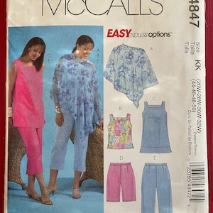 May include: McCall's sewing pattern M4847 for sizes 26W-28W-30W-32W (44-46-48-50) featuring a blue and white floral print top, a pink top with a floral print, a blue top, pink pants, and blue pants.
