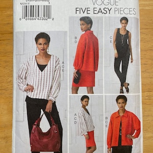 May include: Vogue Five Easy Pieces sewing pattern. The pattern features multiple outfit options, including a striped top, a red jacket, and a black jumpsuit. The pattern size is (Xsm-Sml-Med). The pattern number is V9286.