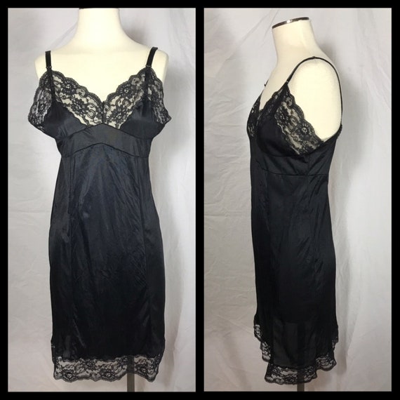 Black Nylon Full Slip with Lace Trimmed Bodice and He… Gem