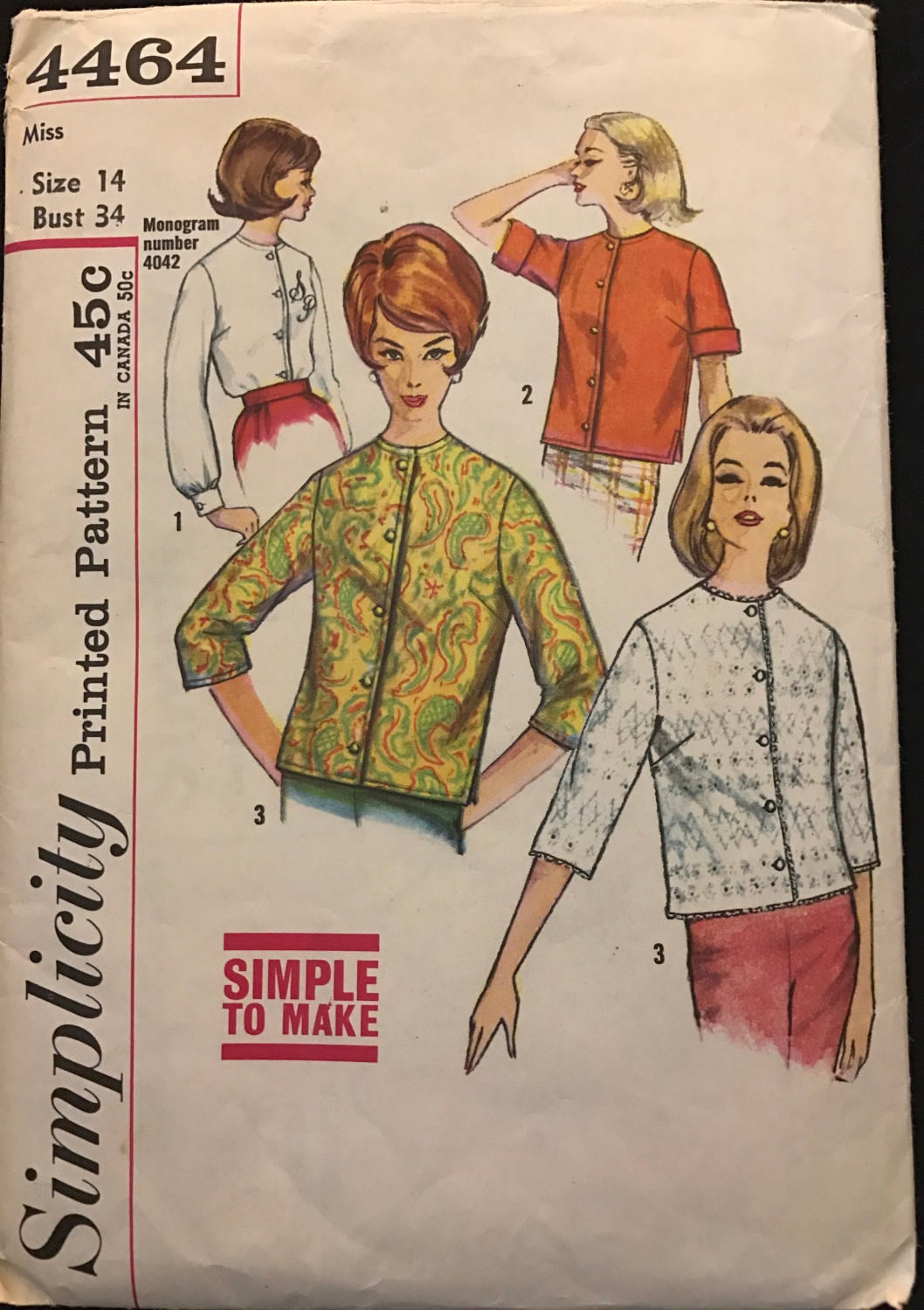 Funnyページ Simplicity 4464 Pattern CUT See Description 1960s Vintage Button