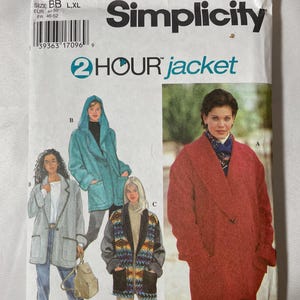 Simplicity 9744 Pattern UNCUT 1990s Vintage Easy Loose Button Front Jacket Hood Shawl Notched Collar Blanket Stitch Pockets Size L XL