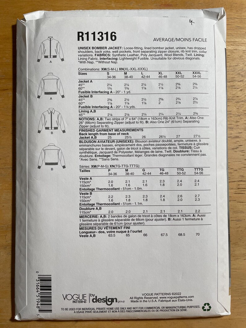 May include: A Vogue Patterns sewing pattern for a unisex bomber jacket, featuring dropped shoulders, welt pockets, and a front separating zipper. Includes fabric requirements and finished garment measurements in inches and centimeters.
