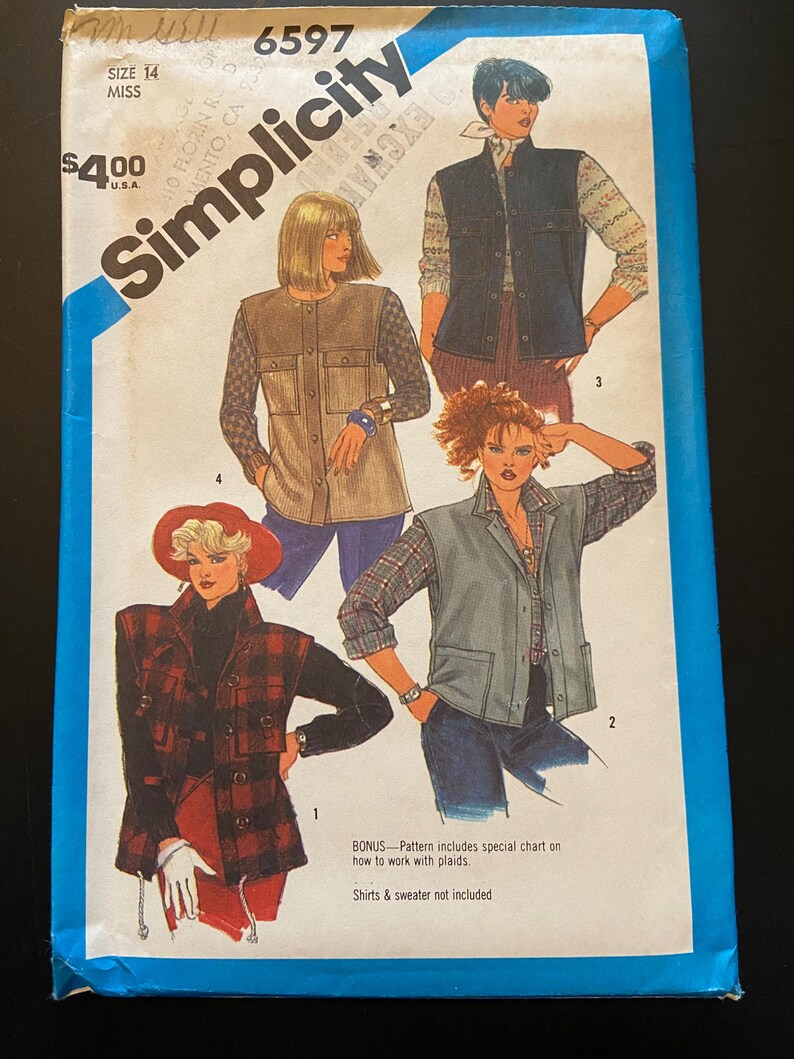 Simplicity 6597 Pattern UNCUT 1980s Vintage Extended Shoulder Vest ...