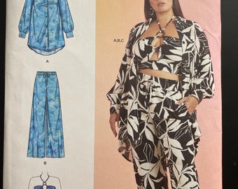 Simplicity S9756 9756 R11772 Pattern UNCUT Relaxed Fit Button Front Shirt Collar Cuffs Pull On Pants Cropped Fit Halter Top Size 20-28 VA