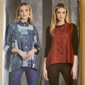 May include: Vogue Patterns sewing pattern V1970. The pattern features two women modeling different jacket styles. One jacket is denim patchwork, and the other is a red vest with black sleeves. The pattern is designed and printed in the USA.