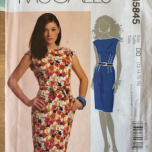 McCalls M5845 5845 Pattern UNCUT Bateau Neckline Seaht Sdress Fitted Bodice Knee Length Extended Shoulders Sleeveless Size 122 14 16 18