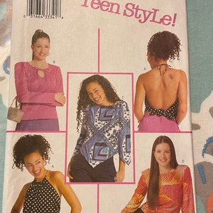 May include: A sewing pattern for four different tops. The pattern is for sizes 9/10 to 13/14. The pattern is called "Teen Style!" and is from Butterick. The pattern number is 3098/090.