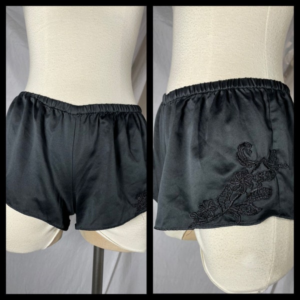 Vintage Lingerie Black Satin Silky Tap Shorts Pettipants Half Slip Shorts with Flower Appliques - Size Small - See Decription