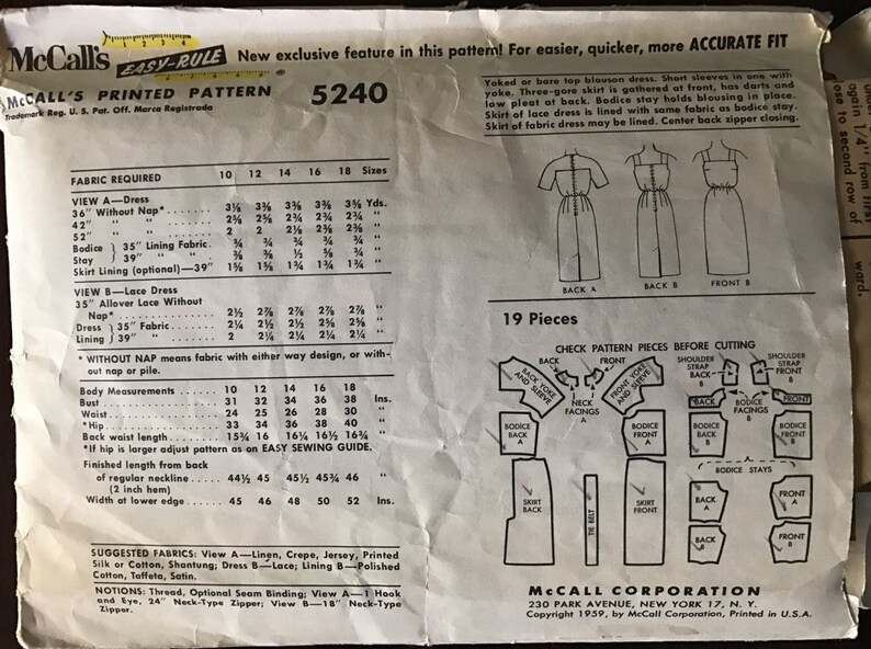 McCalls 5240 Pattern CUT Complete 1950s Day or Evening Dress Blouson Bodice Yoke or Square Neck Three Gore Wiggle Skirt Size 12 Bust 32 image 2