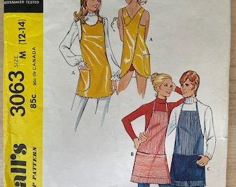 McCalls 3063 Pattern CUT Complete 1970s Vintage Wrap or Smock Style Apron and Traditional Chef&#39;s Apron with Pockets - Size Medium