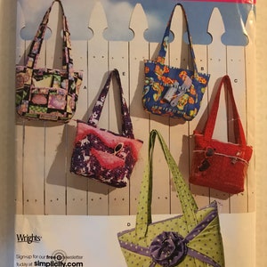 Simplicity 0685 3822 Pattern UNCUT Crafty Bags - Contrast Fabric Tote Bags with Rosette and Pockets with Trim - Several Sizes Beach Travel