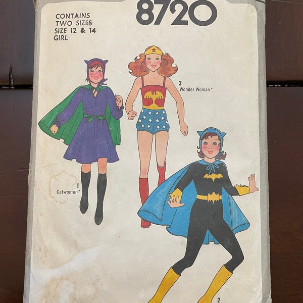 Simplicity 8720 Pattern CUT Complete 1970s Girl's Classic Superhero DC Comics Costume Wonder Woman Batgirl and Catwoman Villian Size 12 14