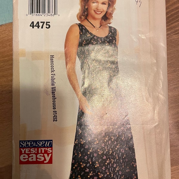 See & Sew 4475 Pattern CUT Complete 1990s Vintage Very Easy Sleeveless Scoop Neck Dress Sightly Flared Lower Calf Length Size 16 Bust 38"