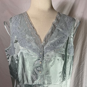 Vintage Lingerie April Cornell Seafoam Blue Gray Rustling Polyester Nightgown Sleeveless Raised Waist Lace Trim Midi Maxi Length XL