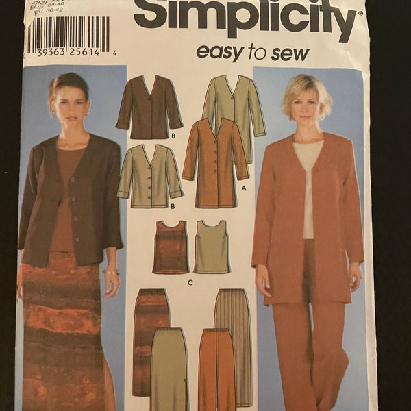 Simplicity 7099 Pattern UNCUT Vintage 2000s Easy Button Front Jacket Hip Mid Thigh Length V Neck Neck Pants Bottoms Size 8 10 12 14 CA VA