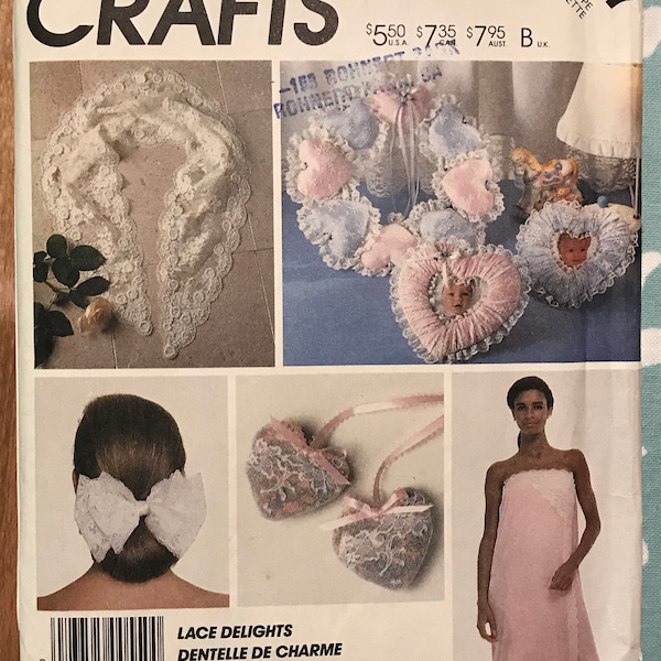 McCalls 3427 Pattern UNCUT 1980s Vintage Lace Delights Gift Set Collection Towel Bath Wrap Bow Scarf Photo Frame and Wreath Sachets Basket