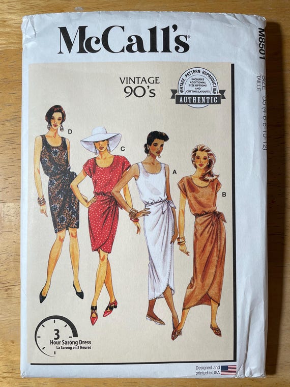 retro sarong dress McCalls 8501 M8501 Pattern UNCUT Retro 1990s Three Hour Sarong Dress  Sleeveless Short Sleeve Knee Midi Length Summer Style Scoop 4-12 12-20