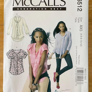 May include: A sewing pattern for a women's blouse with three different styles. The pattern is from McCall's Generation Next and is size AX5 (4-6-8-10-12). The pattern includes instructions for making a white blouse with a tie neck, a pink blouse with a button-up front, and a floral print blouse with a button-up front.