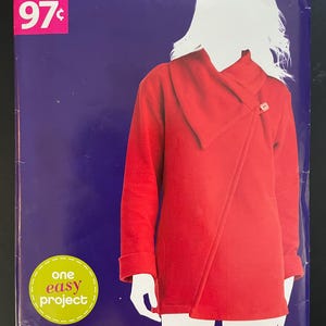 May include: Sew Simple pattern A8495 for a red, one-button, long-sleeved jacket with a large collar. The pattern is for sizes XS-XL and is labeled "one easy project".