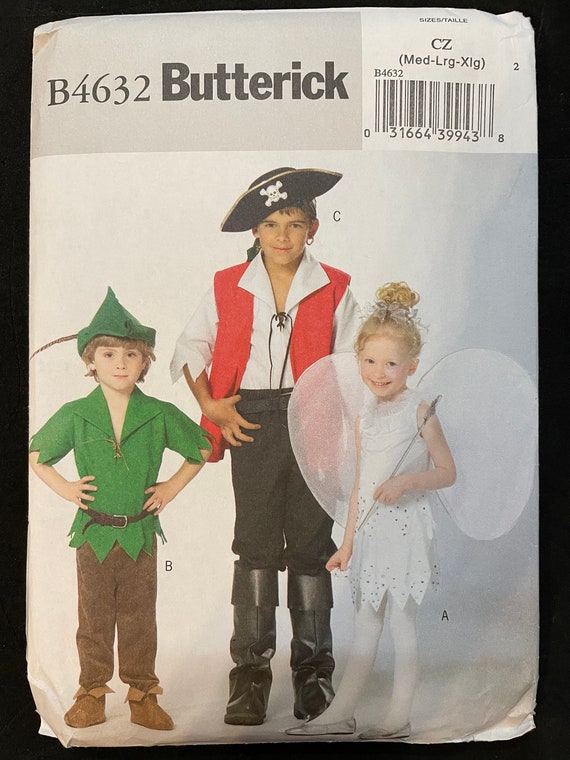 Butterick B4632 4632 Pattern UNCUT 2000s Child's Peter Pan Captain Hook  Pirate and Tinkerbell Fairy Costume Size Medium Large Extra Lg 