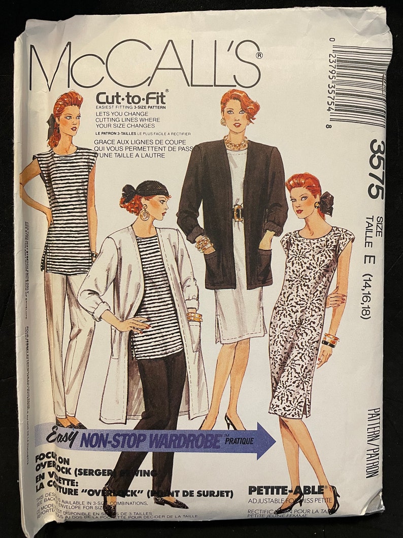 McCalls 3575 Pattern UNCUT 1980s Easy Non-Stop Wardrobe Cap Sleeve Top or Sheath Dress and Open Front Jacket Pockets Pants Size 14 16 18 image 3