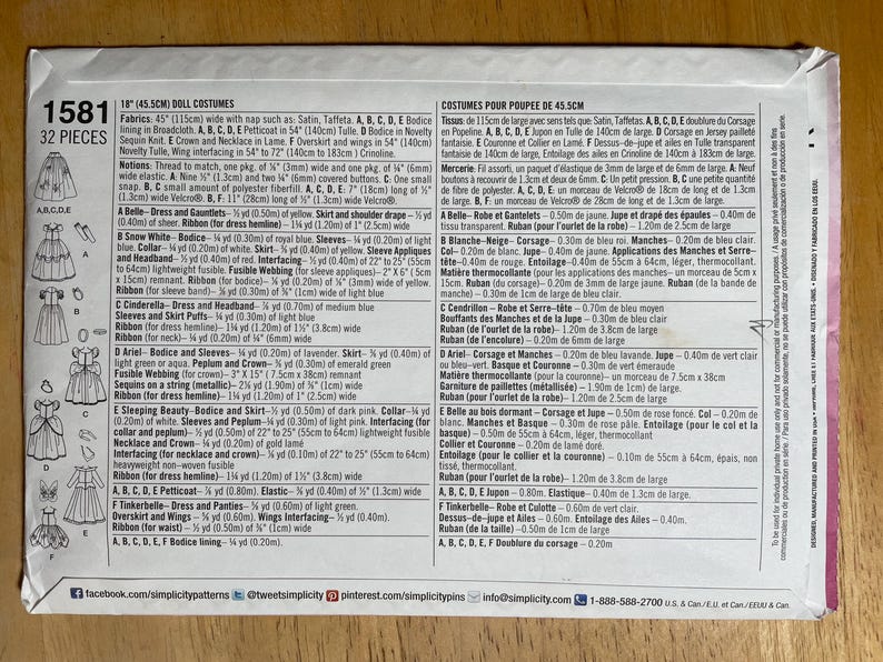May include: A white paper sewing pattern envelope for 18-inch doll costumes, labeled 1581 with 32 pieces. The back displays detailed fabric requirements, notions, and illustrations for six different character outfits in English and French text.