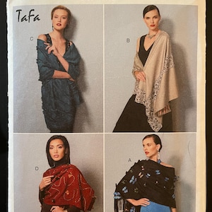 May include: A sewing pattern for four different styles of shawls. The shawls are shown on models wearing different outfits. The pattern is from Vogue Accessories and is labeled V9249.