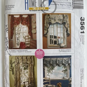 McCalls 3561 Pattern UNCUT Home Dec in a Sec 2 Hour Trumpet Cascade Valance Regal Cornice Goblet Valance Side Panels and Trumpet Valance VA