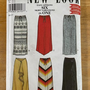 May include: A sewing pattern for six different skirt variations. The pattern is called "New Look" and has the number 6019 on it. The pattern includes instructions in English, French, and Spanish.