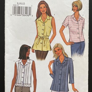 Butterick 3848 Pattern UNCUT Vintage 2000s Button Front Hip Tunic Length Blouse Sleeveless Short Bracelet Sleeves Side Slits Size 8 10 12