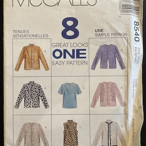 May include: A McCall's sewing pattern package featuring eight different garment designs. The package includes illustrations of jackets, a t-shirt, and a vest. The text on the package reads "Great Looks One Easy Pattern". The size is Ex-Small.